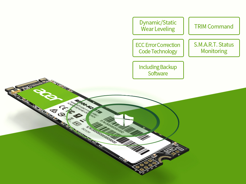 Acer RE100 M.2 SSD supports Dynamic/Static Wear Leveling, TRIM Command, S.M.A.R.T. Function and ECC (2K LDPC)
