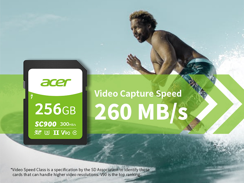 Acer SC900 SDXC UHS-II V90 video capture speed 260 MB/s 