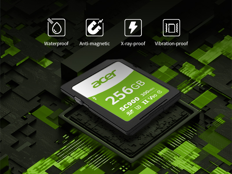 Acer's tough SC900 memory card is waterproof, Xray proof, vibration proof , shock resistant 
