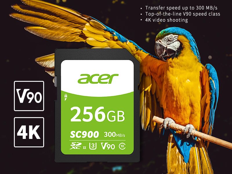 Up to 256GB, Acer SC900 SDXC UHS-II V90 Memory Card for High Resolution, 4K Video Recording