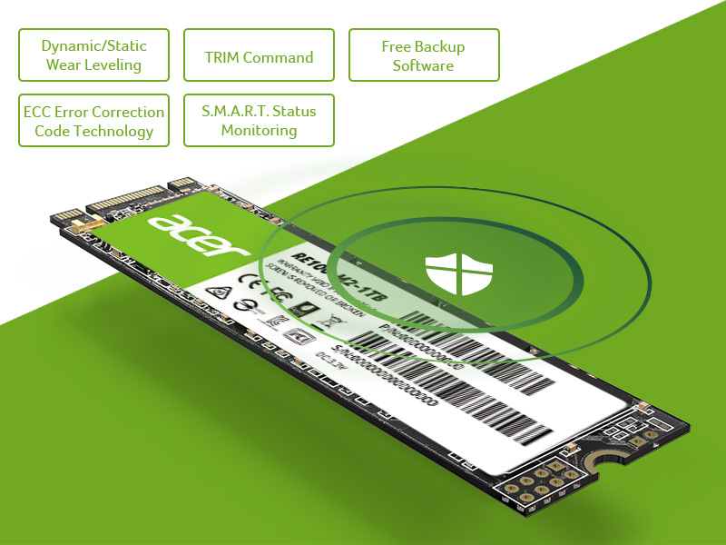 Acer RE100 M.2 SSD supports Dynamic/Static Wear Leveling, TRIM Command, S.M.A.R.T. Function and ECC (2K LDPC)