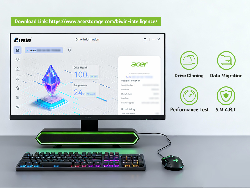 Giao diện phần mềm Biwin Intelligence quản lý SSD Acer FA300